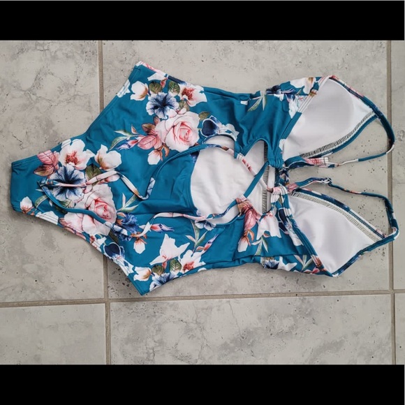 V-neck lace up monokini green floral monokini bathing suit beach wear#53 - Picture 5 of 6